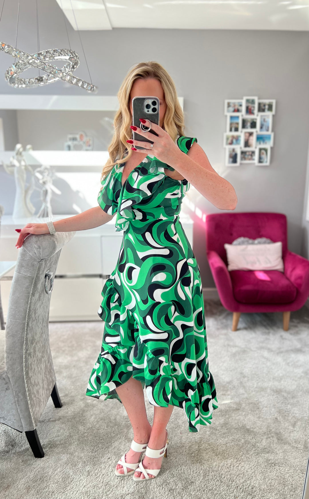 Obsession Green Retro Swirl Print Wrap Dip Hem Midi Dress