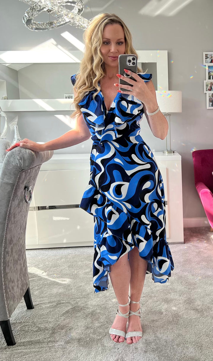 Obsession Cobalt Blue Retro Swirl Print Wrap Dip Hem Midi Dress