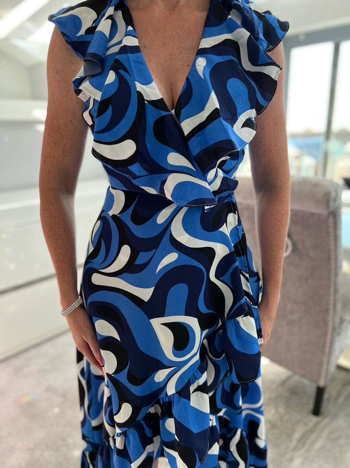 Obsession Cobalt Blue Retro Swirl Print Wrap Dip Hem Midi Dress