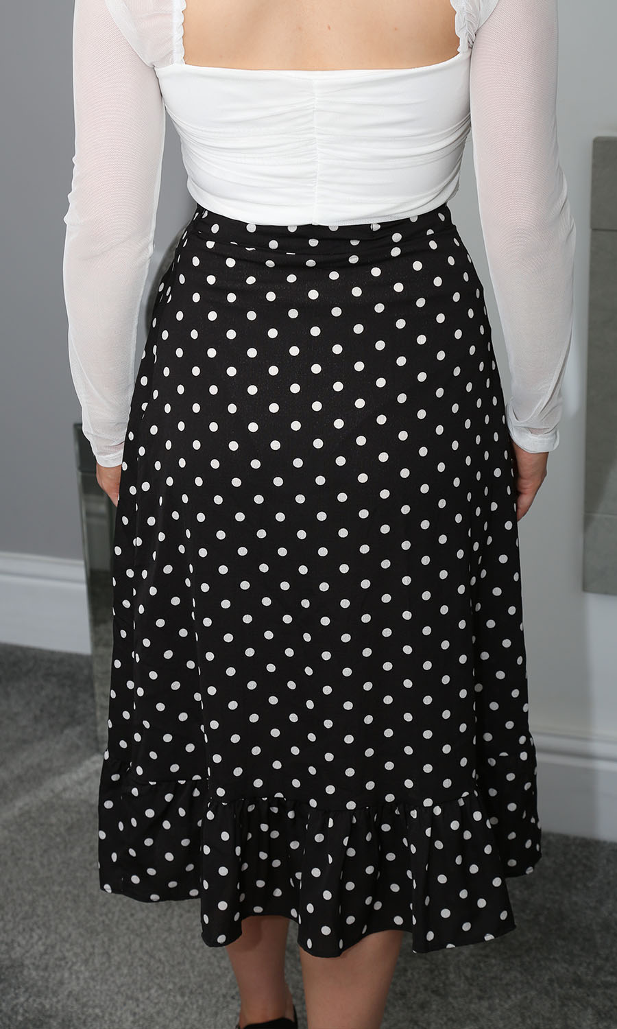 Polly Black Polka Dot Frill Wrap High Waist Midi Skirt