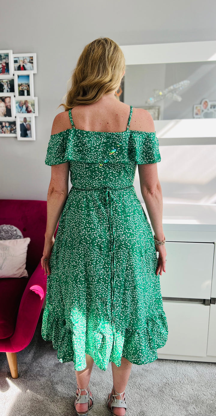 Seren Green Ditsy Print Wrap Cami Cold Shoulder Midi Dress