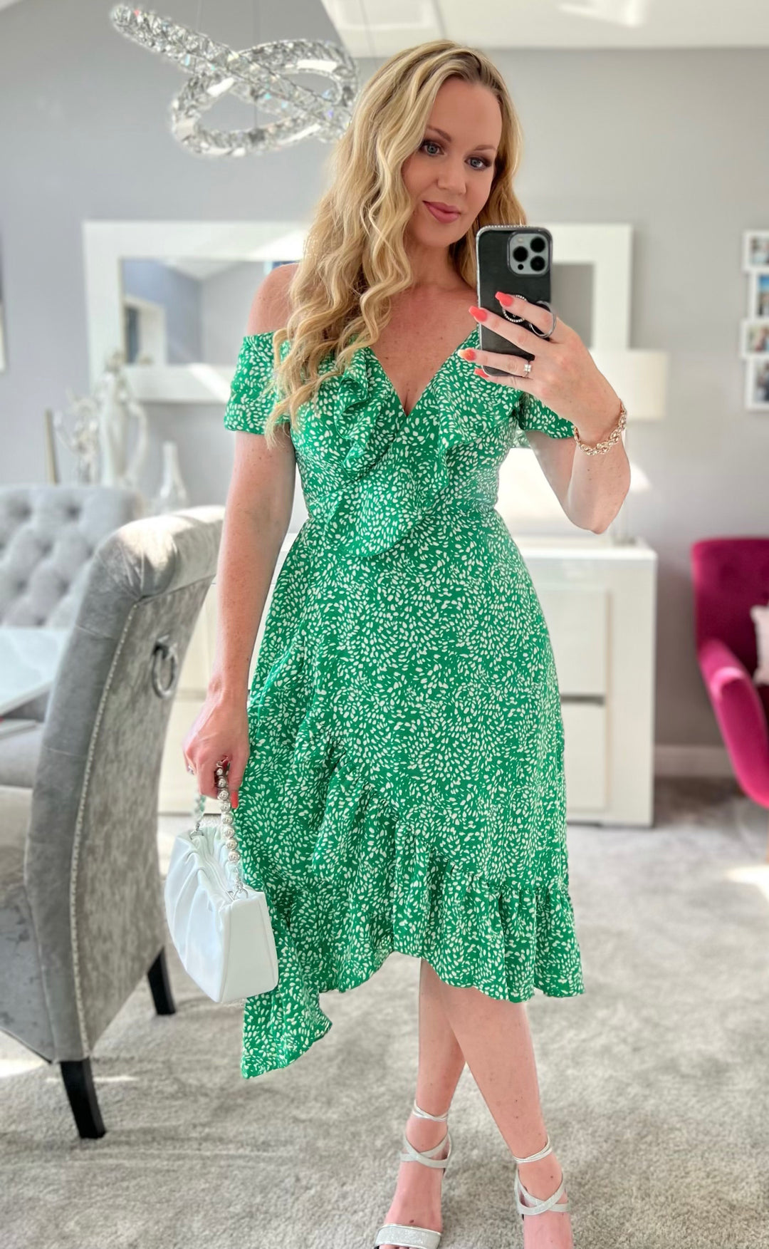 Seren Green Ditsy Print Wrap Cami Cold Shoulder Midi Dress