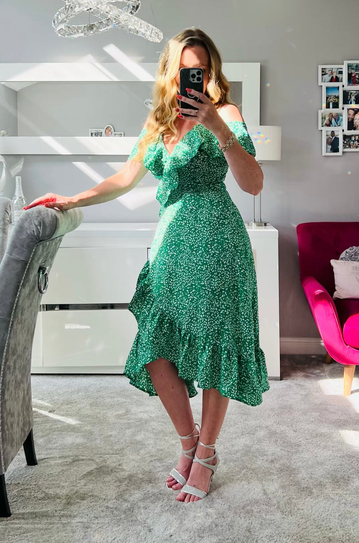 Seren Green Ditsy Print Wrap Cami Cold Shoulder Midi Dress