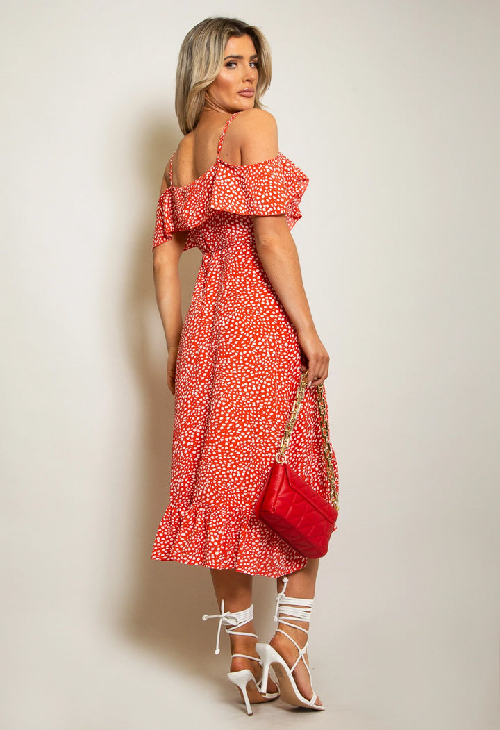 Seren Red Ditsy Print Wrap Cami Cold Shoulder Midi Dress