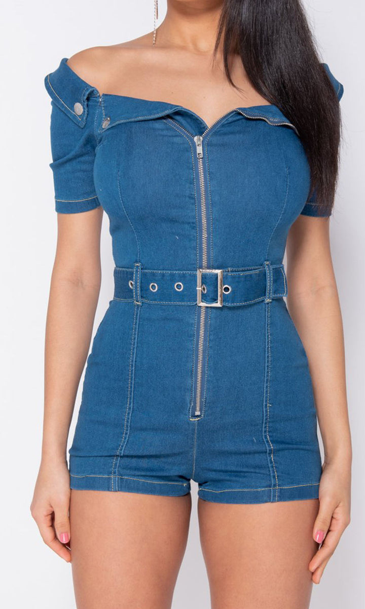 Sophia Blue Zip-up Bardot Stretch Denim Playsuit