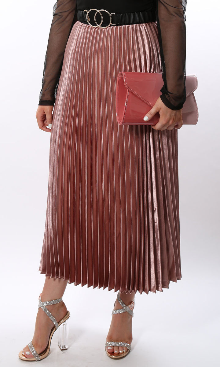 Satin Envy Metallic Pink Satin Pleated Midaxi Skirt