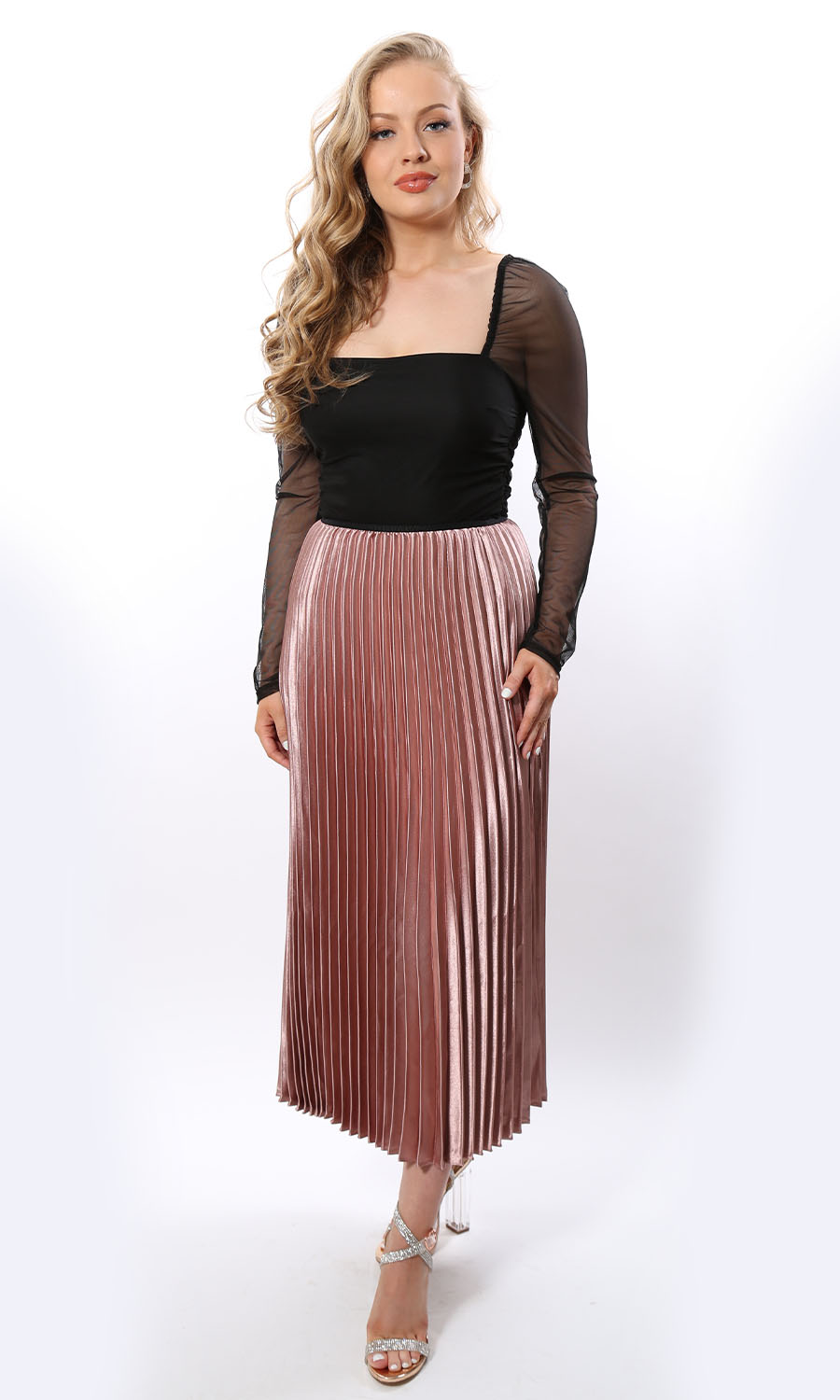 Satin Envy Metallic Pink Satin Pleated Midaxi Skirt