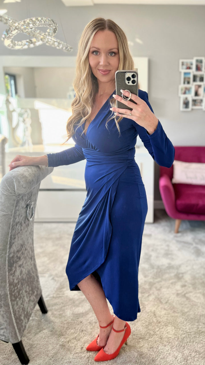 A Touch Of Class Cobalt Blue Long Sleeve Bodycon Wrap Midi/Maxi Dress