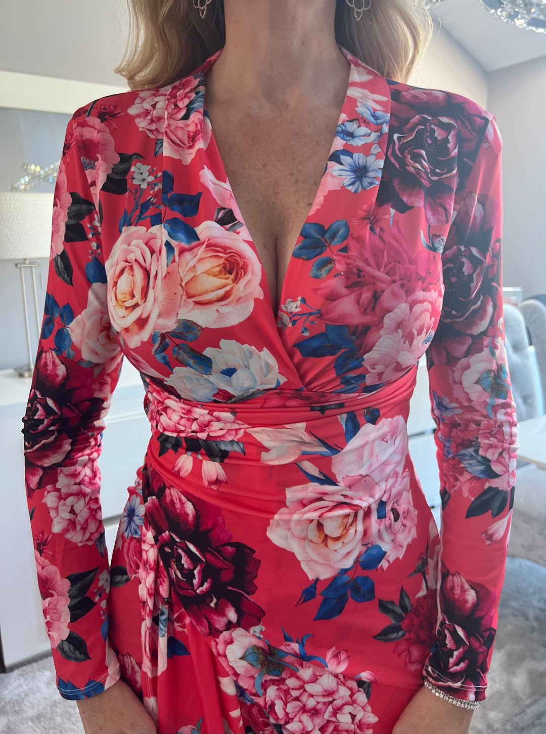 A Touch Of Class Coral Pink Floral Long Sleeve Bodycon Wrap Midi/Maxi Dress