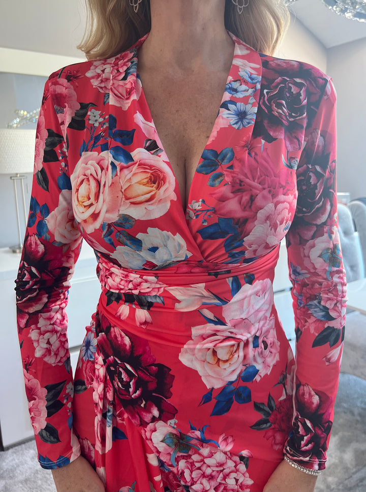 A Touch Of Class Coral Pink Floral Long Sleeve Bodycon Wrap Midi/Maxi Dress