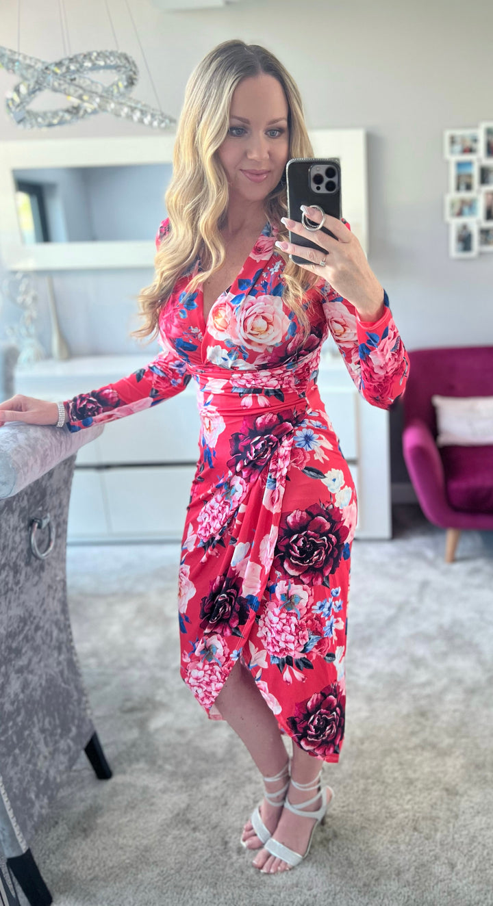 A Touch Of Class Coral Pink Floral Long Sleeve Bodycon Wrap Midi/Maxi Dress
