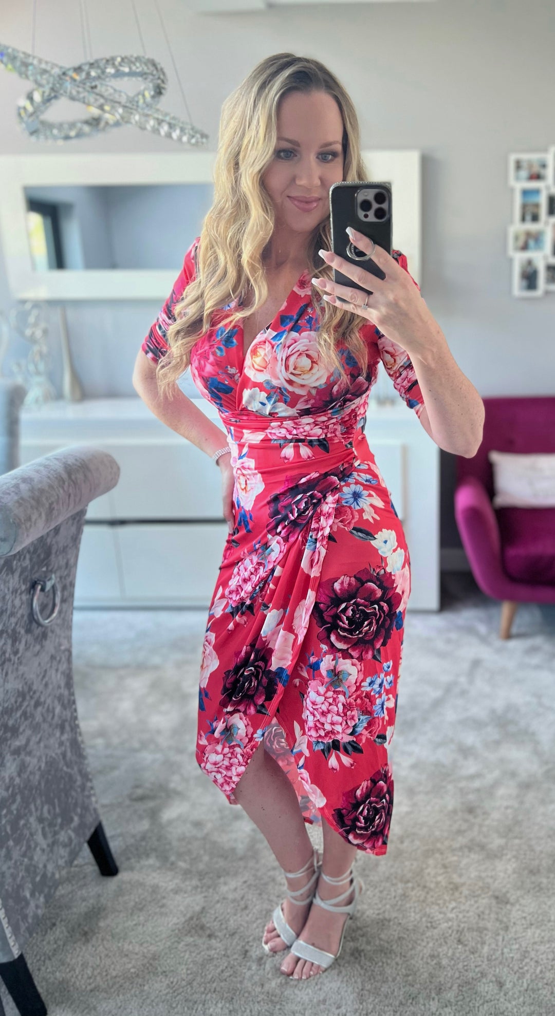 A Touch Of Class Coral Pink Floral Long Sleeve Bodycon Wrap Midi/Maxi Dress