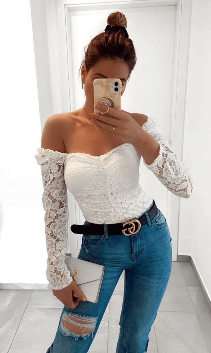 Tianna White Lace Ruched Front Padded Cup Bodysuit