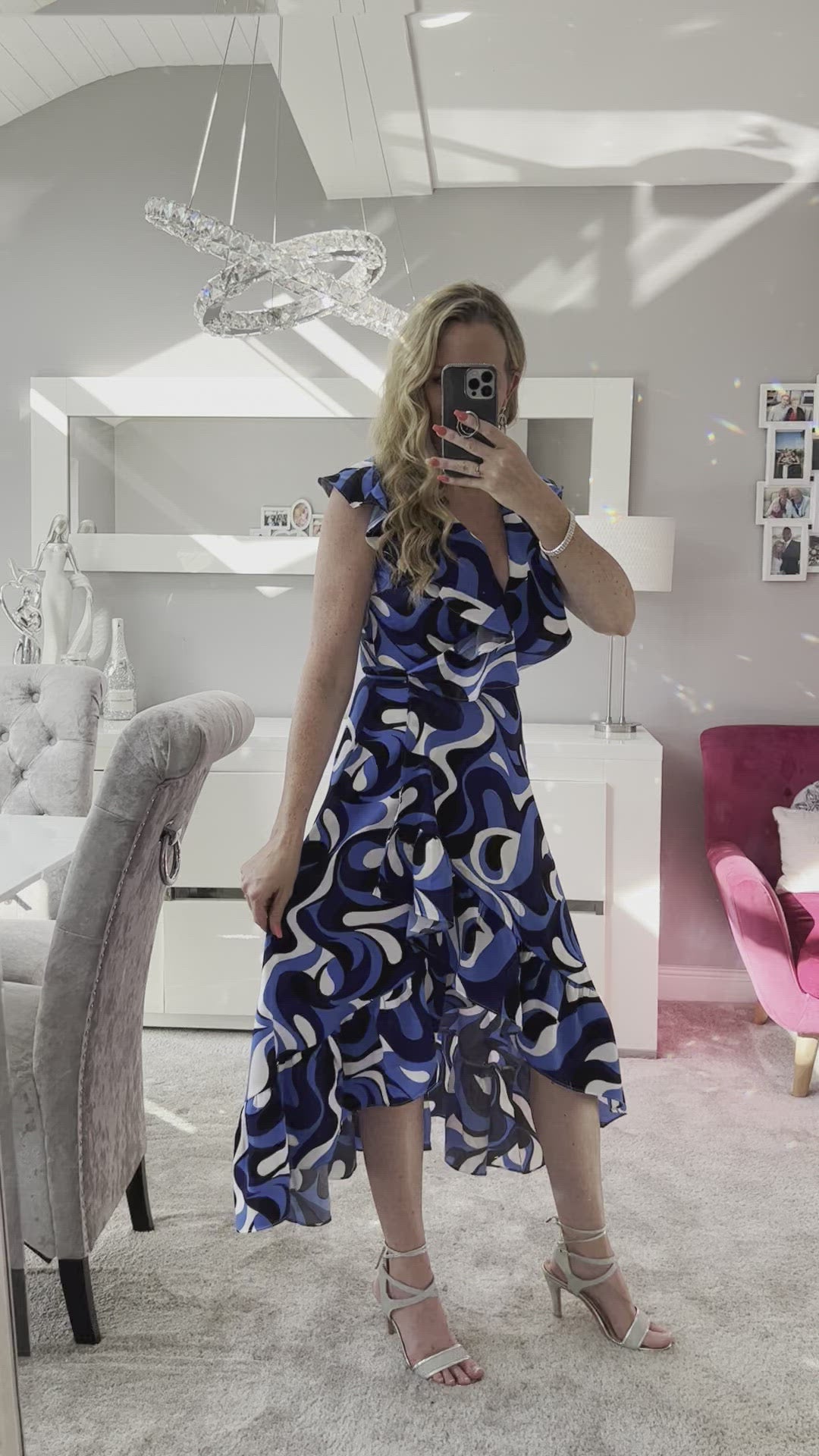 Obsession Cobalt Blue Retro Swirl Print Wrap Dip Hem Midi Dress