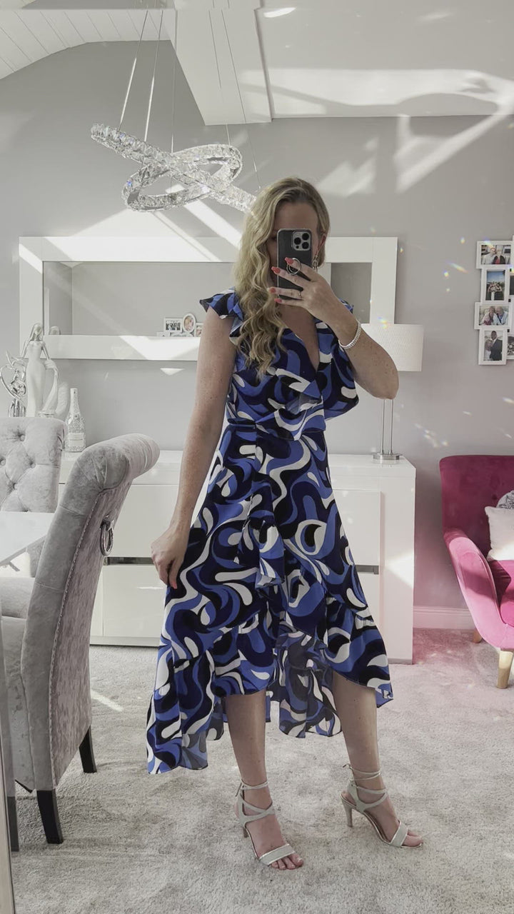 Obsession Cobalt Blue Retro Swirl Print Wrap Dip Hem Midi Dress