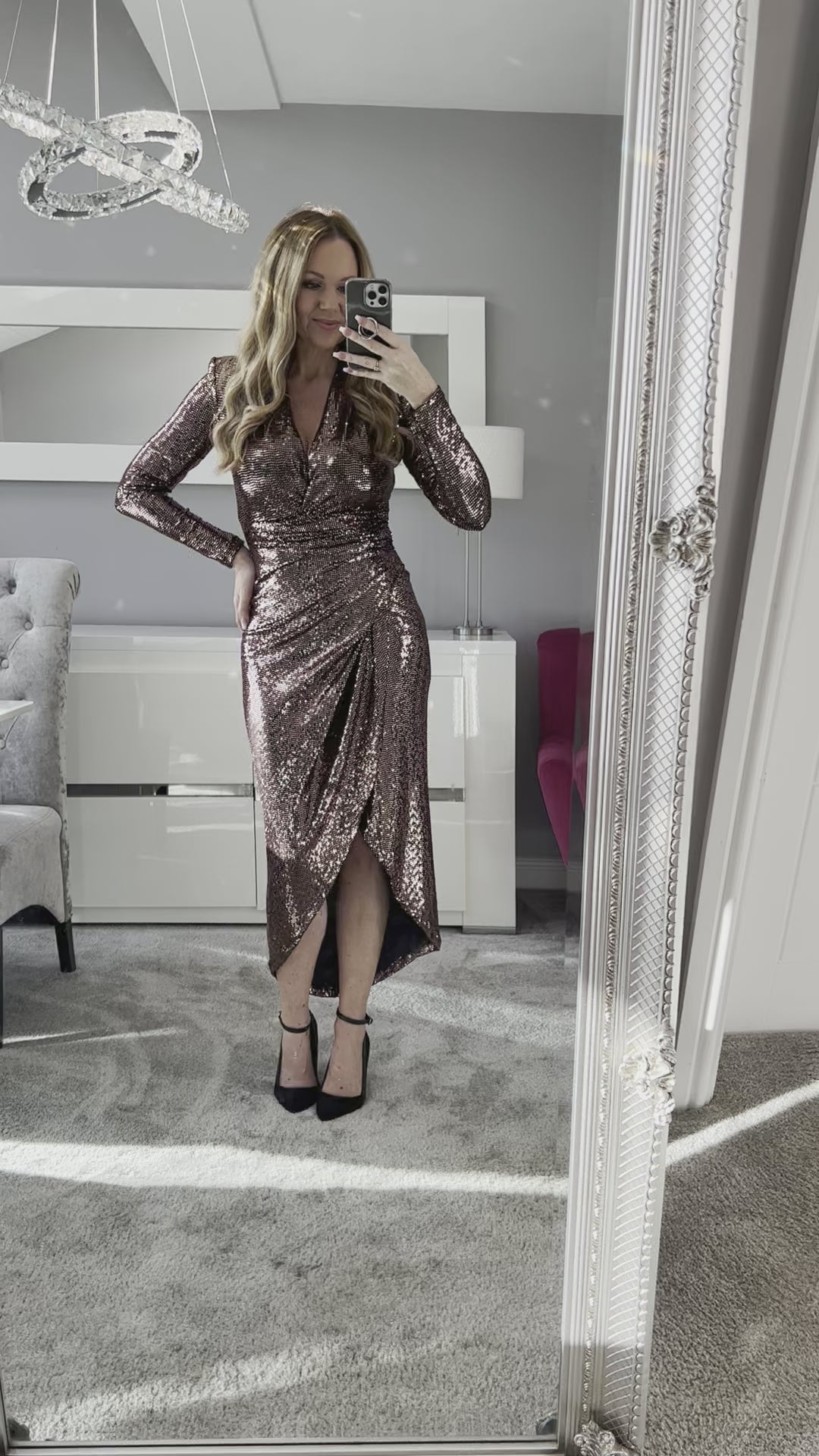 A Touch Of Class Rose Gold Sequin Long Sleeve Bodycon Wrap Midi/Maxi Dress