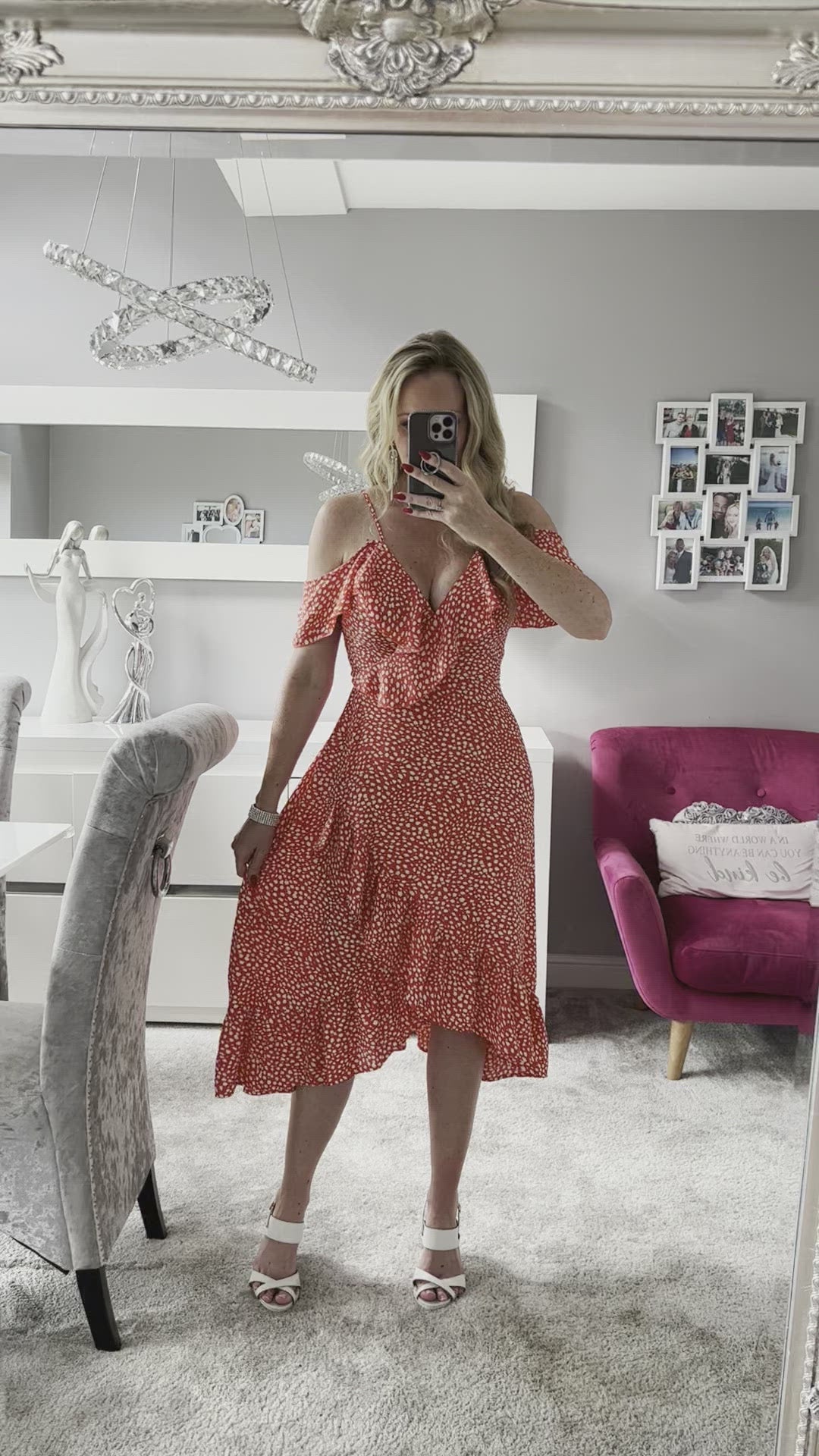 Seren Red Ditsy Print Wrap Cami Cold Shoulder Midi Dress