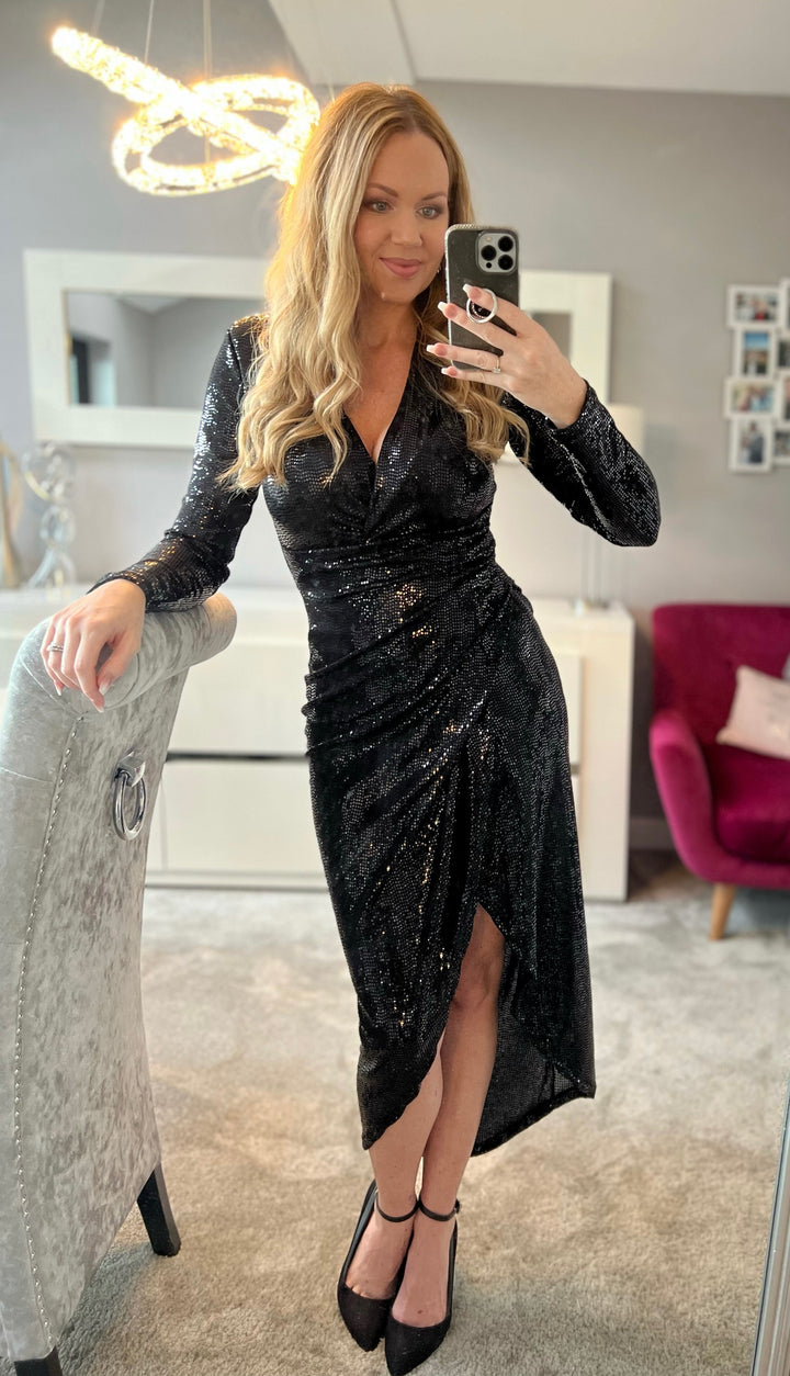 A Touch Of Class Black Sequin Long Sleeve Bodycon Wrap Midi/Maxi Dress