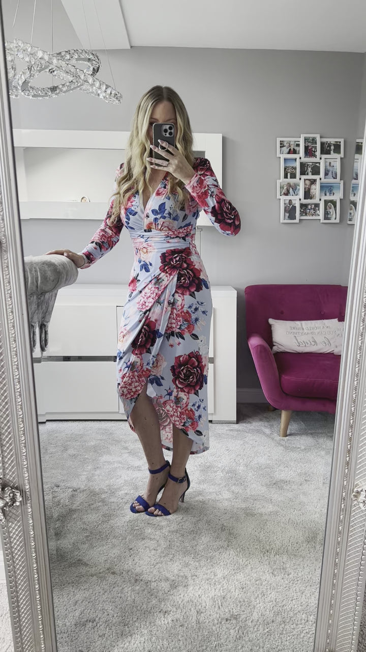A Touch Of Class Light Blue Floral Long Sleeve Bodycon Wrap Midi/Maxi Dress