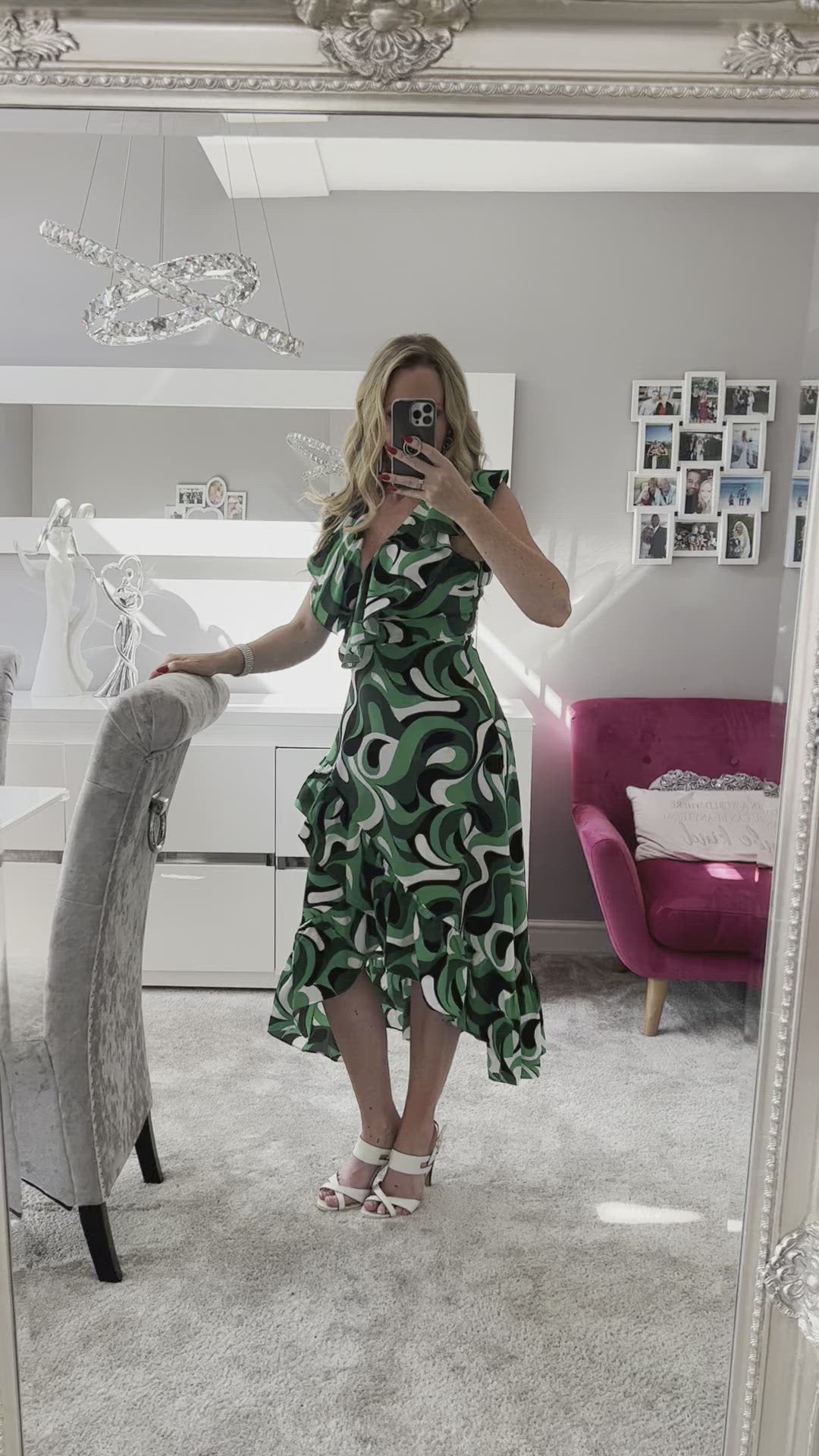 Obsession Green Retro Swirl Print Wrap Dip Hem Midi Dress