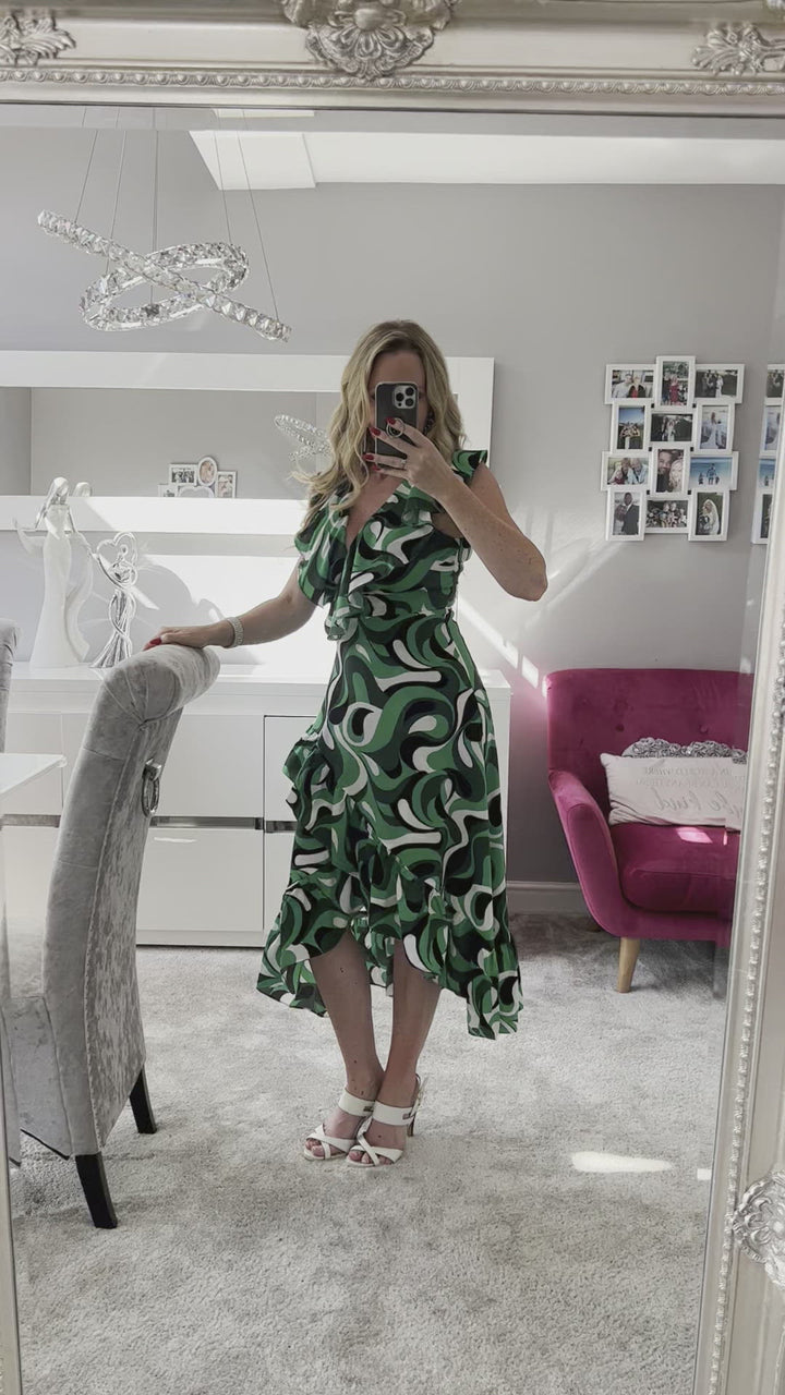 Obsession Green Retro Swirl Print Wrap Dip Hem Midi Dress
