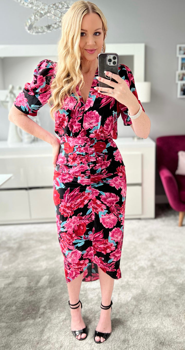 Ces't La Vie Black & Pink Puff Sleeve Floral Midi Dress