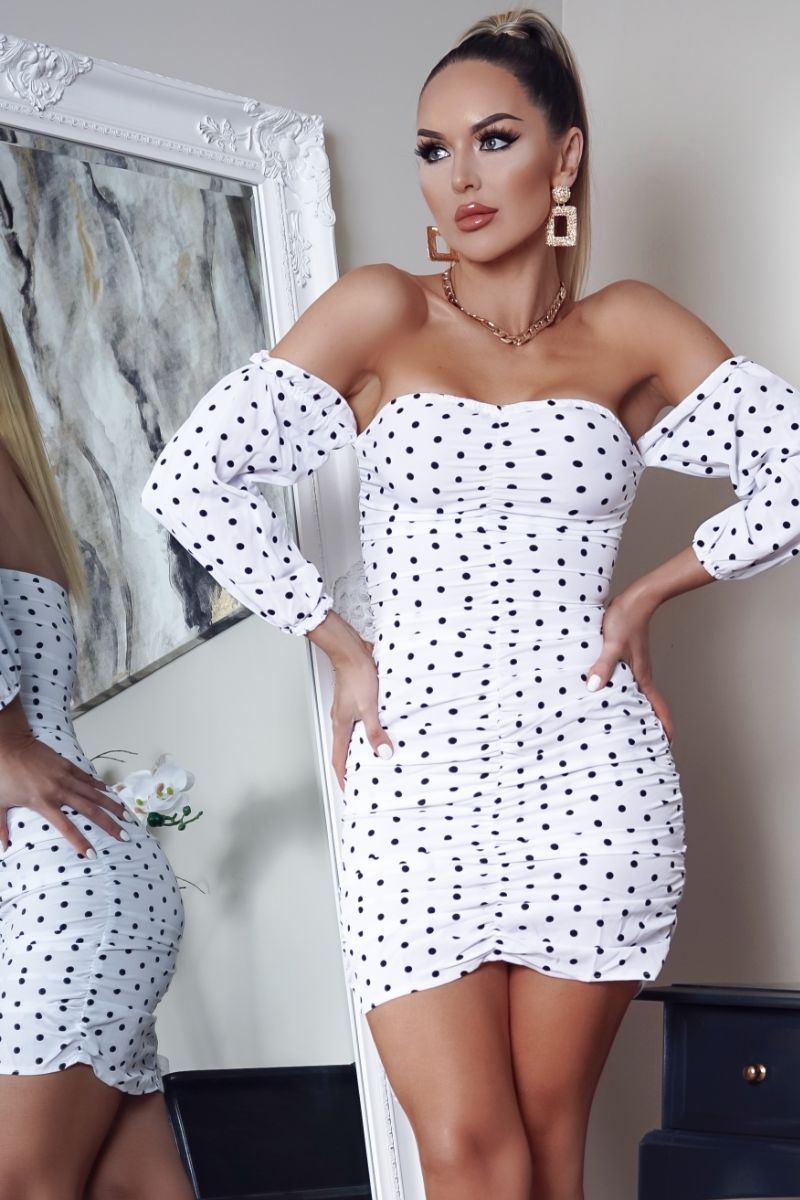 Cindy White Polka Dot Bardot Ruched Mini Dress