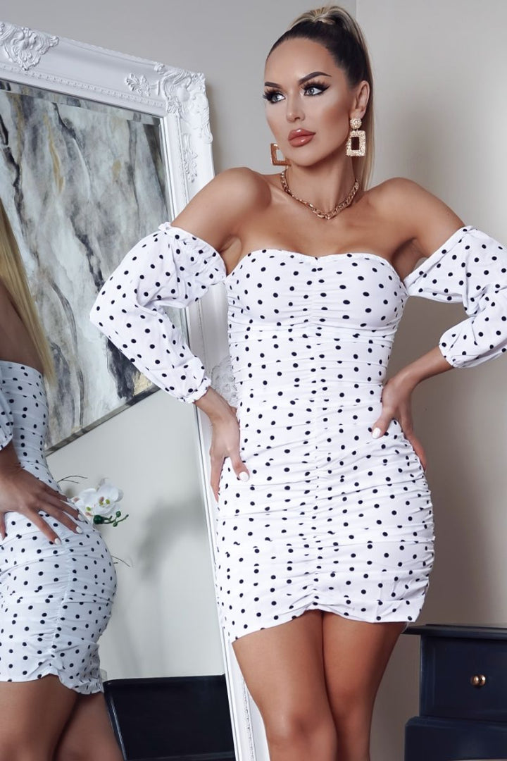 Cindy White Polka Dot Bardot Ruched Mini Dress