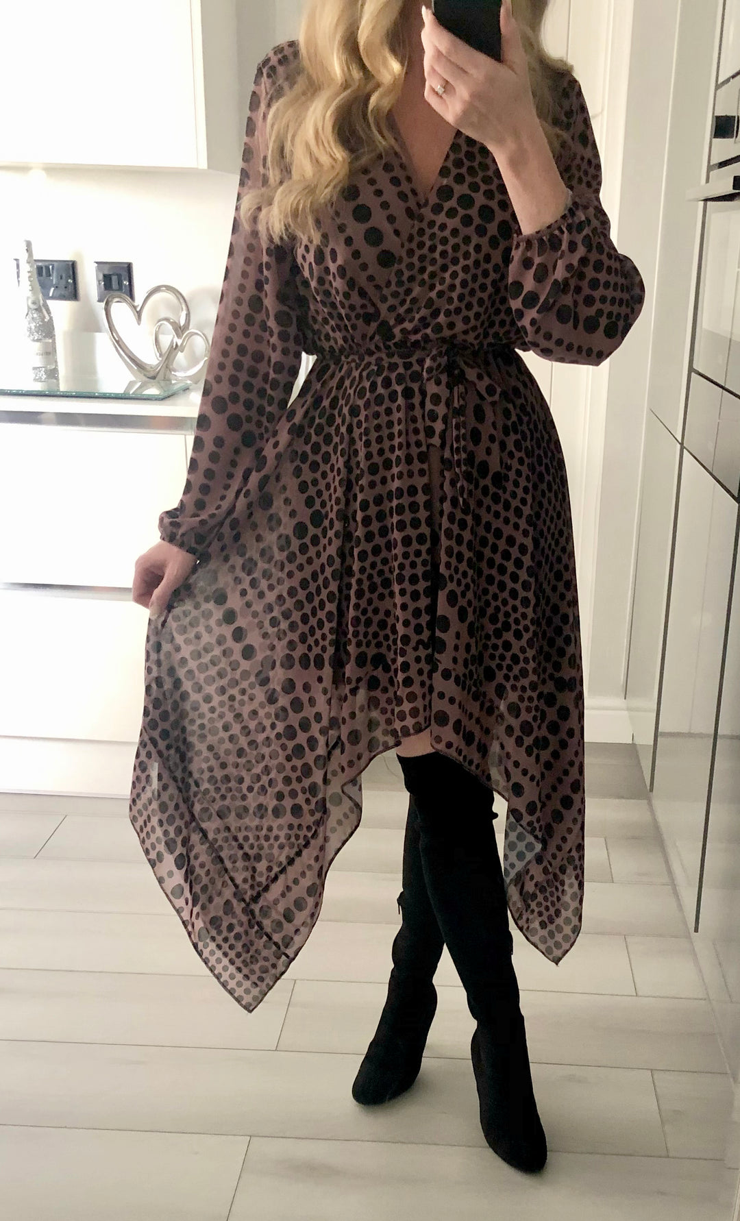 Mocha waterfall Hem midi dress