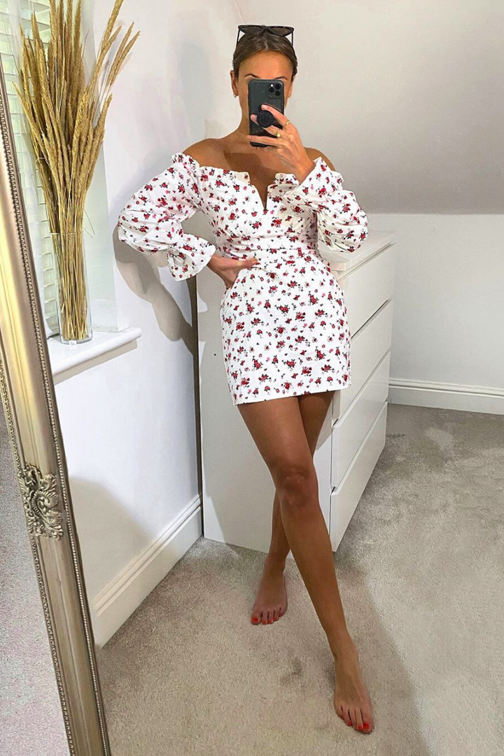 Millie White Floral Bodycon Structured V bar Mini Dress