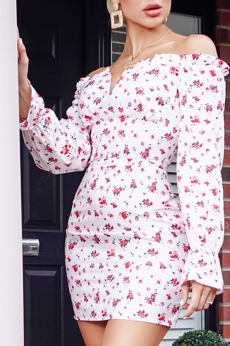 Millie White Floral Bodycon Structured V bar Mini Dress
