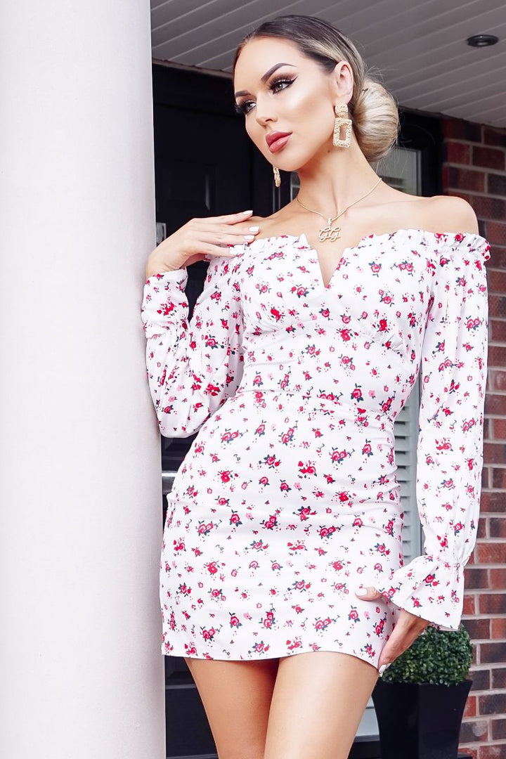 Millie White Floral Bodycon Structured V bar Mini Dress