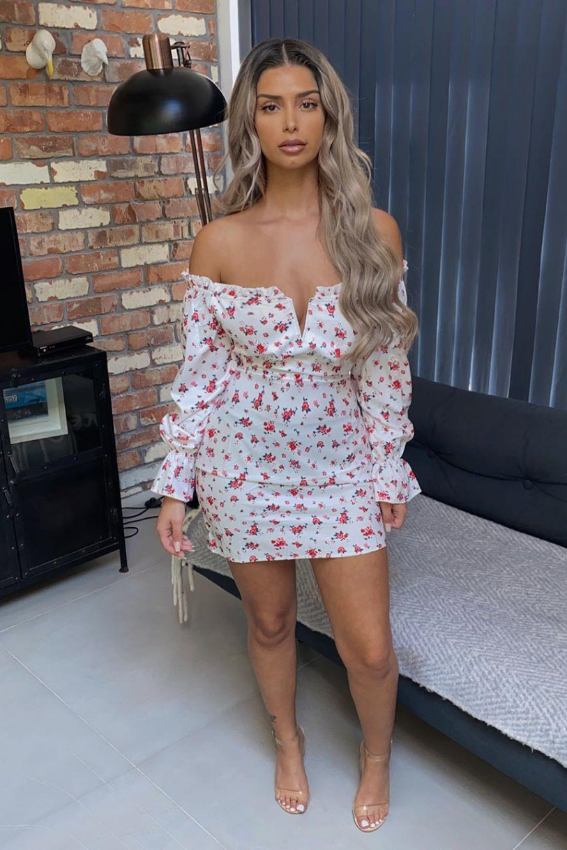 Millie White Floral Bodycon Structured V bar Mini Dress