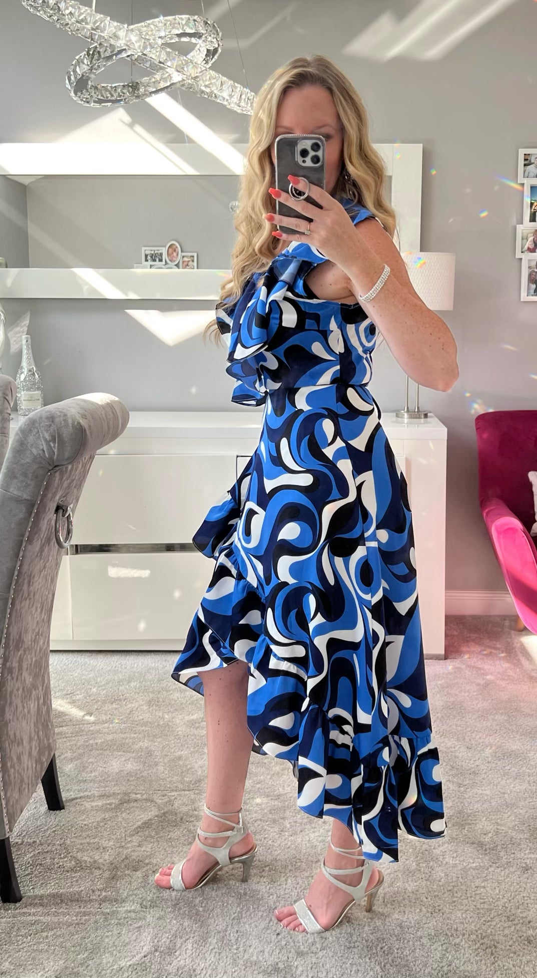 Obsession Cobalt Blue Retro Swirl Print Wrap Dip Hem Midi Dress