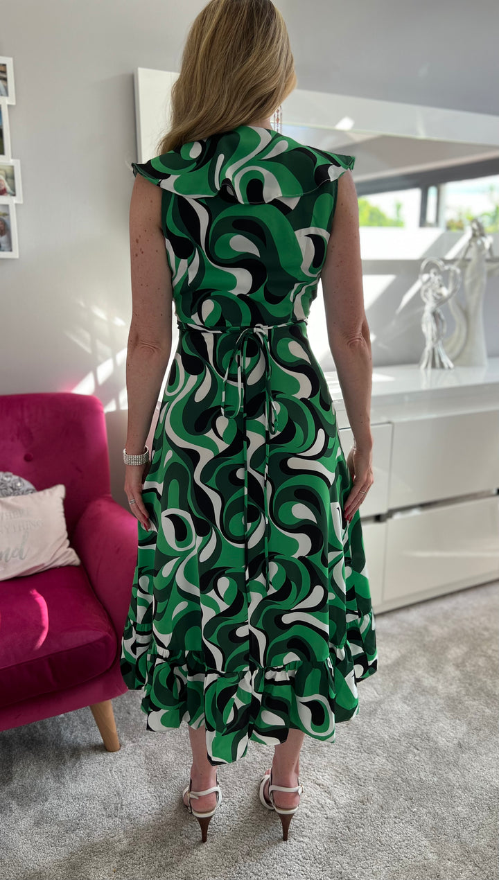 Obsession Green Retro Swirl Print Wrap Dip Hem Midi Dress