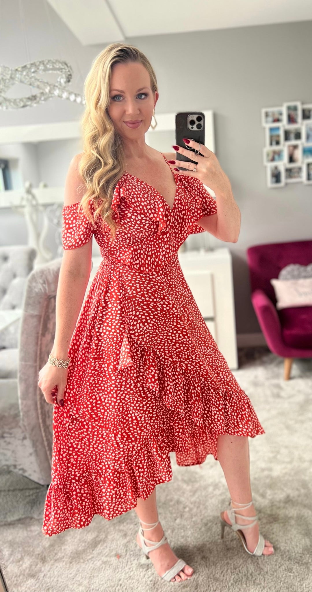 Seren Red Ditsy Print Wrap Cami Cold Shoulder Midi Dress