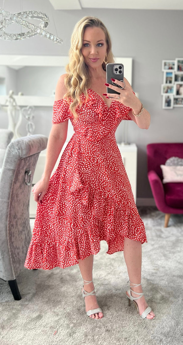 Seren Red Ditsy Print Wrap Cami Cold Shoulder Midi Dress