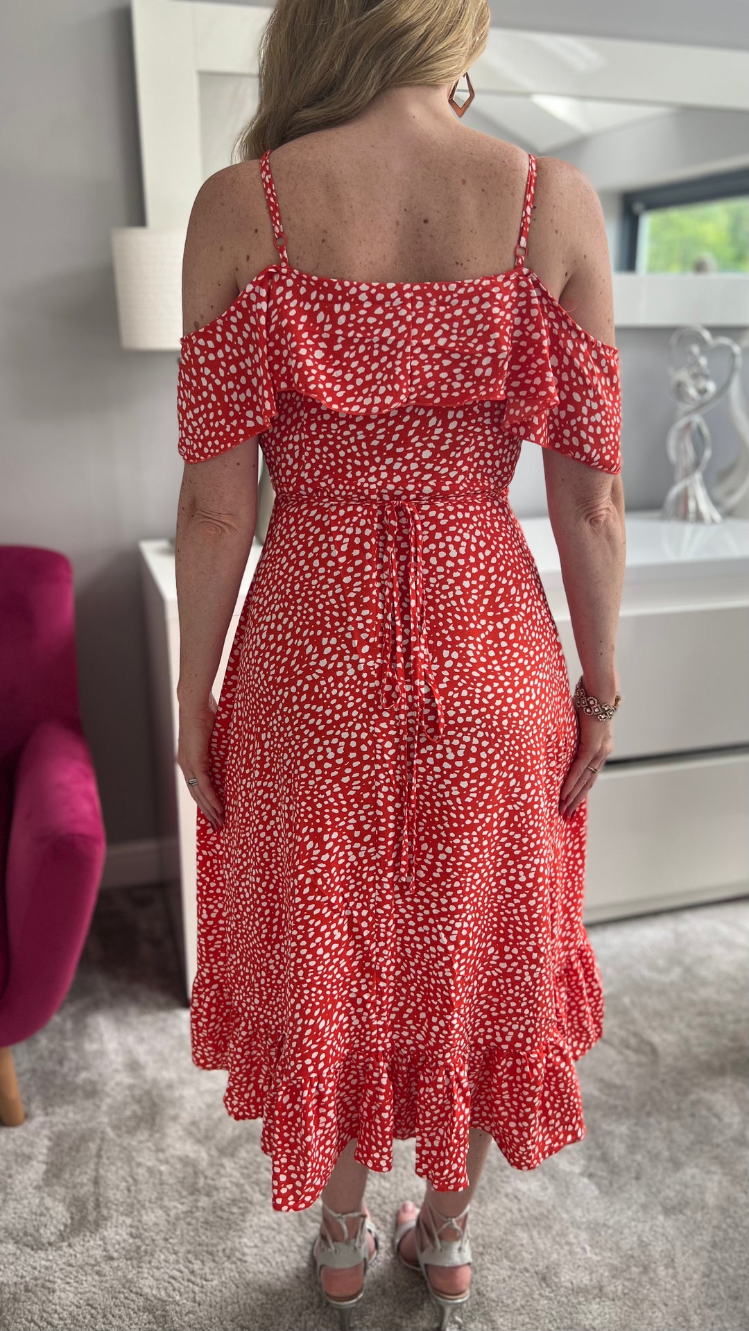 Seren Red Ditsy Print Wrap Cami Cold Shoulder Midi Dress