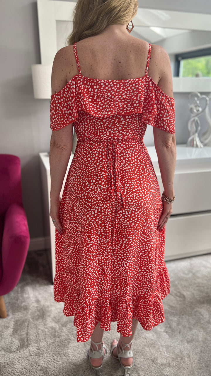 Seren Red Ditsy Print Wrap Cami Cold Shoulder Midi Dress