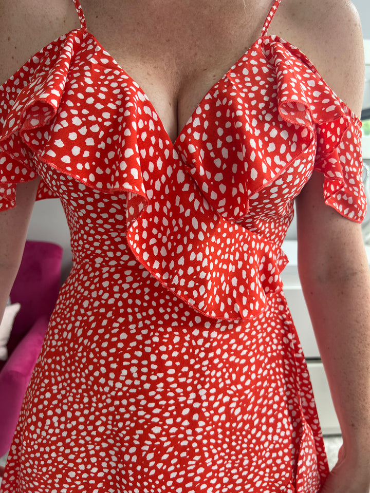 Seren Red Ditsy Print Wrap Cami Cold Shoulder Midi Dress