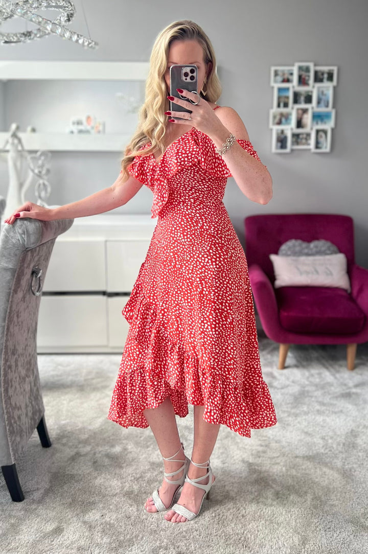 Seren Red Ditsy Print Wrap Cami Cold Shoulder Midi Dress
