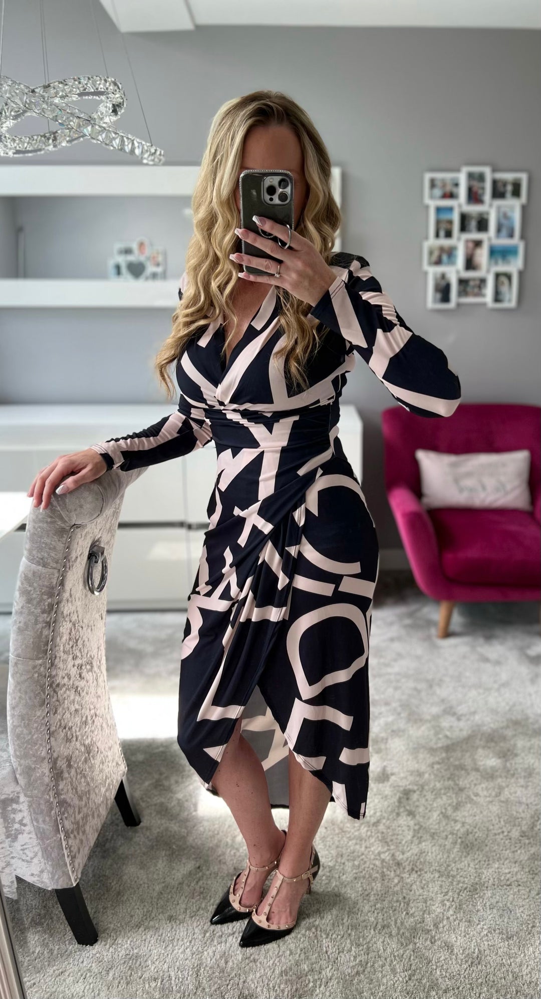 A Touch Of Class Black Letter Print Long Sleeve Bodycon Wrap Midi Dress