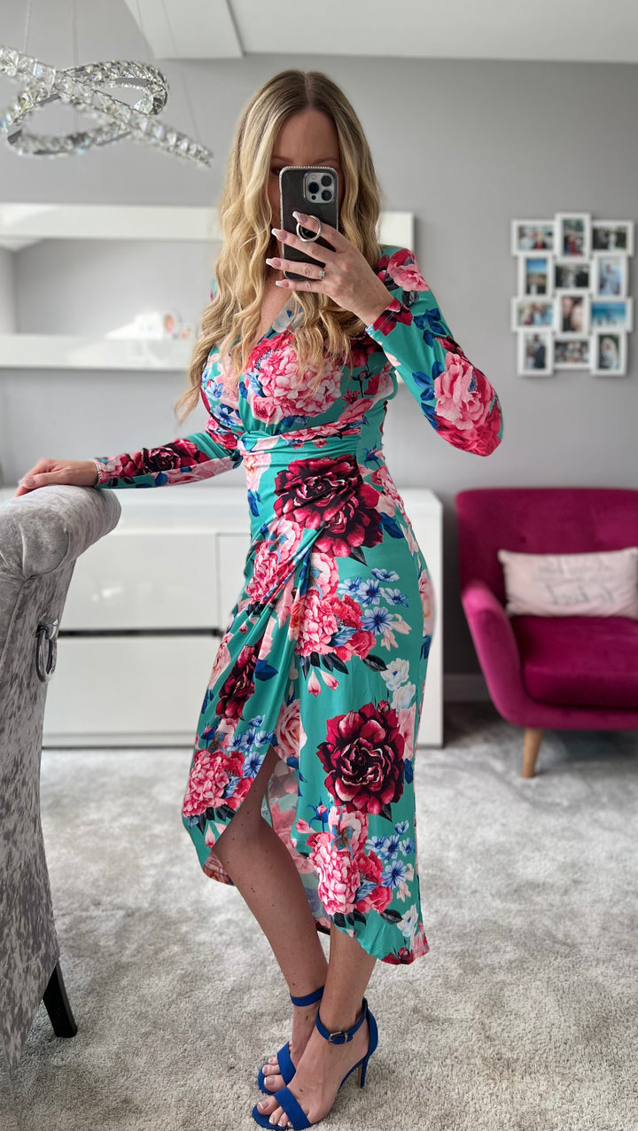 A Touch Of Class Green Floral Long Sleeve Bodycon Wrap Midi/Maxi Dress