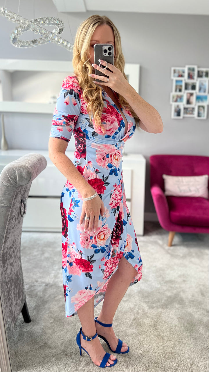 A Touch Of Class Light Blue Floral Long Sleeve Bodycon Wrap Midi/Maxi Dress