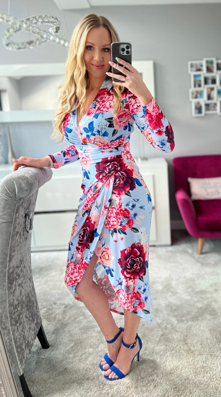 A Touch Of Class Light Blue Floral Long Sleeve Bodycon Wrap Midi/Maxi Dress