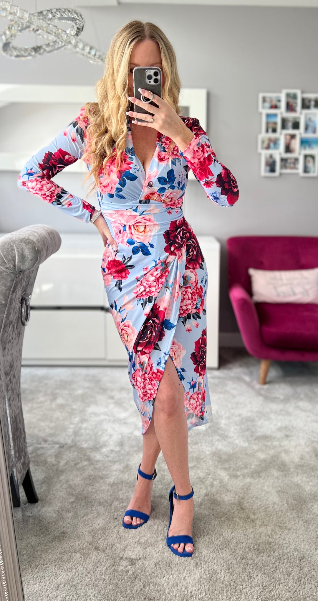 A Touch Of Class Light Blue Floral Long Sleeve Bodycon Wrap Midi/Maxi Dress