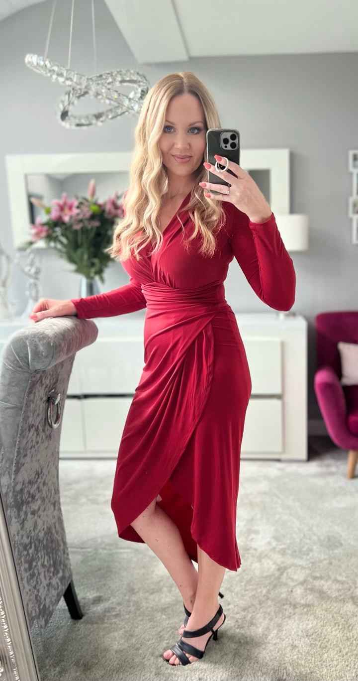 A Touch Of Class Burgundy Red Long Sleeve Bodycon Wrap Midi/Maxi Dress